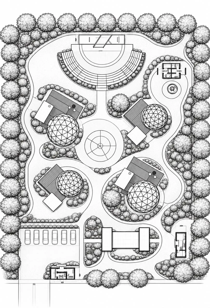 Ahodwo Wellness Resort site plan: four geodesic domes with private decks set around a central pool, an amphitheatre on the upper slope, and a planted perimeter.